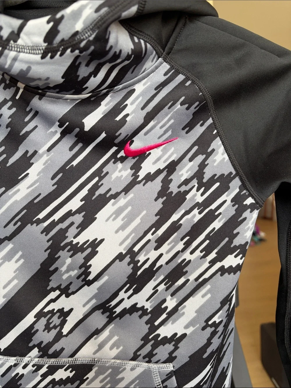Nike Kids Black & Gray Camo Hooded Swim Rashguard with Pink Accents